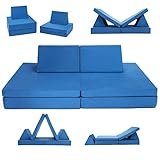 COSTWAY 4-in-1 Kinderspielset, 6-teilig, Mehrzweck Kindersofa | Matratzen und Kissen | Spielmatraze Spielsofa | Ausklappbare Liege | Kletter- & Krabbel-Set, Aktivitätsmatratze für Kleinkinder, Blau