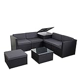 Mendler Poly-Rattan-Garnitur HWC-D21, Balkon-/Garten-/Lounge-Set Sofa Sitzgruppe, Box Staufach - anthrazit, Kissen dunkelgrau