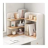 Bücherregal, 3 Etagen, Desktop-Bücherregal, Holz, Schreibtisch-Organizer, freistehend, Arbeitsplatte, Bücherregal, Büro, Küche, Eckregal, Weiß + Holzfarbe, Bücherregal/rechte Seite/50 x 30 x 50 cm