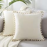 Topfinel 2er Set Samt Kissen mit Pompoms Einfarbig Weihnachten Kissenbezüge Dekorative Kissenhülle Kopfkissen Sitzkissen Dekokissen Couchkisen für Sofa Schlafzimmer Büro Auto 40X40cm Sahne