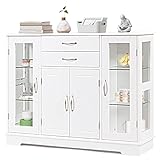 COSTWAY Sideboard Weiss, Küchenschrank Aufbewahrungsschrank mit gehärteten Glastüren und Schubladen, Beistellschrank aus Holz, Buffetschrank für Esszimmer, Küche, 107 x 30 x 82 cm (Weiß)