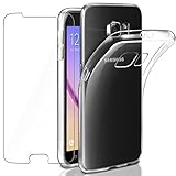 Leathlux Hülle Kompatibel mit Samsung Galaxy S6 mit Panzerglas, Galaxy S6 Durchsichtig Case Transparent Silikon TPU Schutzhülle Premium 9H Gehärtetes Glas