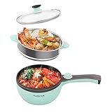 Audecook Elektrische Hot Pot mit Dampfgarer,Elektrische Bratpfanne, Hot Pot Topf 20cm, Antihaft Mini elektropfanne, Multikocher mit Dual Power Control für Wohnheim (A (grün/1,5 l mit Dampfgarer))