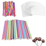 ENLACE Cake Pop Stiele Set,100 Stück Bunt Cake Pops Stiele,15cm lange Lollipop Sticks für Bonbons Tortendekoration ,100 Transparenter Paketbeuteln mit 100 Twist Krawatten