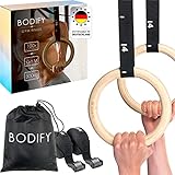 Bodify® Gymnastikringe – Turnringe aus Holz mit Trainingshandbuch und Türstopper – Gym Rings für Crossfit und Gymnastik - Übungen für Zuhause und Outdoor – Einstellbare Gurte mit Markierungen