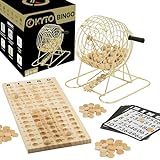 Großes Bingo Spiel Gold Metalltrommel 150 Chips, 75 Bingo Kugeln und Spielbrett aus Holz, 18 stabile Bingokarten + 500 Bingokarten Papier Erwachsene Kinder