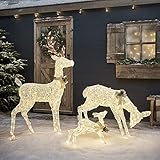 Lights4fun Harewood Rentierfamilie Weiß LED Rentier Figuren mit Timer Weihnachtsbeleuchtung für außen und innen Weihnachtsfiguren