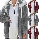 Plüschjacke Damen Plüsch Jacke mit Kapuze Lang Hoodies Reißverschluss Mittel Lang Lässig Tops Warm Fleece Fleecejacke Winter Oversize Langarm Winterjacke mit Taschen Wintermantel