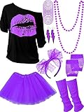 Blulu 80 Jahre Kostüm Zubehör für Damen Set, T-Shirt Lippenprint Erwachsener Tutu Rock Spitzen Stirnband Neon Ohrringe Halskette Beinlinge Netz Handschuhe Armband (Purple, XXXL)