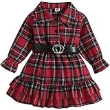 AGQT Blusenkleid Kariert Kleid Mädchen Langarm Hemdkleid Kariertes Kleid Kinder Lässige Gestreift Kleid Baby Plaid Shirt Kleid mit Gürtel Größe 18-24Monate