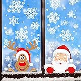 Fensterbilder Weihnachten,Jusduit 360 Stück Schneeflocken Fensterdeko Mit Weihnachtsmann Elch Abnehmbare Fensterbilder für Weihnachts,Winter Dekoration für Türen,Schaufenster,Vitrinen,Glasfronten