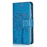 Conber Hülle für Samsung Galaxy S6, PU Leder Tasche Flip Case Lederhülle Handyhülle, Vintage Katze und Baum Schutzhülle für Samsung Galaxy S6 - Blau