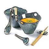 Ramen Schüssel Keramik, Set Ramen Suppenschalen inklusive Essstäbchen und Löffel, Grün Bowl Keramik Set für 2 Personen – Für Suppe, Ramen und Sushi Bowl - 600ml