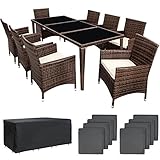 TecTake 800104 Aluminium Poly Rattan Essgruppe, 8 Stühle + 1 Esstisch mit Glasplatten, inkl. 2 Bezugssets und Schutzhülle - Diverse Farben (Braun Schwarz | Nr. 401162)