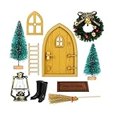 Wichteltür Weihnachten Set, Miniatur Wichtel Tür Weihnachten mit Zubehör Weihnachten Wichtelhaus Set, Weihnachtsbaum, Fenster, Mini Strassenlicht, Zaun, Stiefel, Teppich, Öllampe, Kranz, Holzleiter