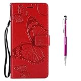 Grandoin LG K8 2017 Hülle, Handyhülle im Brieftasche-Stil für LG K8 2017 Handytasche PU Leder Flip Cover Schmetterling Muster Design Premium Case Schutzhülle Etui Case (rot)