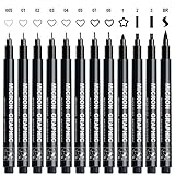 AKARUED Schwarz Fineliner Stifte, 12 Stück Handlettering Stifte Fineliner Set tuschestifte zum Skizzieren, Pigment liner zum Bullet Journal Künstler Illustration, Tchnische Zeichnung Office Dokumente