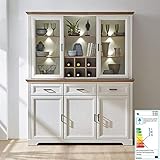 Lomadox Buffetschrank Buffet Esszimmerschrank Vitrinenschrank Küchenschrank im Landhaus-Stil in Pinie weiß mit Artisaneiche, B/H/T 166/204/48cm Landhaus-Stil mit Pinie hell & Artisan Eiche Nb.