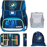 Schulranzen Herlitz Loop Plus Jungen Mädchen Ranzen Tornister Schultasche leicht 5 Teile Set mit Regenhülle (Soccer Blau 7421)