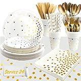 Weißgold Partygeschirr Set,193PCS Weiß und Gold Dot Partyteller Set mit Teller, Becher,Strohhalme, Servietten und Tischdecke zum Geburtstag,Hochzeiten,Jubiläums(24 Gäste)