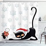 ambesonne Weihnachtsschmuck Collection, Grumpy schwarz Katze und Maus mit Santa Hat Cartoon Schneeflocke Hintergrund Noel Humor Polyester-Decor,-Badezimmer Dusche Vorhang Set, 190,5 cm lang, Multi