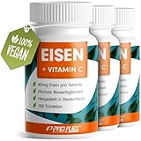 Eisentabletten hochdosiert 3x180 mit 40 mg Eisen + Vitamin C (40mg) aus Hagebutten - Eisen Tabletten VEGAN mit bioverfügbarem Eisen, hochdosiert aus Eisen-Bisglycinat - ohne unerwünschte Zusatzstoffe