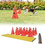 AufuN Steckhürdenset 6er, Koordinationstraining, Kegelhürden 12 rote Kegel: 32cm+ 6 gelbe Stangen: 1m, Agility Training für Kinder, Hunde, Pferde