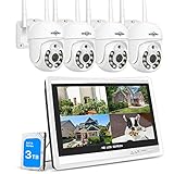 【3MP+PTZ】 Hiseeu Überwachungskamera Set Aussen WLAN mit 12''Monitor 8CH Wireless NVR,4 Pcs 3MP PTZ WiFi Kameras mit 2-Wege Audio,Farbe Nachtsicht,Fernanzeige,App&Mail Alarm,3TB HDD Inklusive