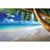 GREAT ART® Fototapete | 336 x 236 cm | Strand Palmen | Wandbild Dekoration Karibik Traumstrand Bucht Paradies Natur Insel Palmen Tropen blauer Himmel Sommer Tapete Wandtapete