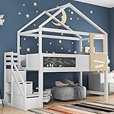 Hausbettmit Treppe & Fenster & Tafel- Vielseitiges Kiefernholz Kinderbett Spielbett für Jungen & Mädchen - Massivholz Kinder Bett mit Rausfallschutz und Lattenrost - 97x209 cm, Weiß