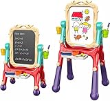 Kinder Staffelei Doppelseitig Whiteboard & Kreidetafel Höhenverstellbare Kindertafel Drehbare&Magnetische Maltafel Kindertafel mit Umfangreichem Zubehör Geschenk Lernspielzeug für Kinder über 3 Jahre