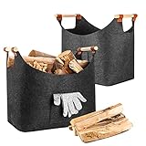 2 Stück Kaminholzkorb mit Aufbewahrungstasche, Faltbar Groß Holzkorb für Kaminholz , Feuerholzkorb mit verstärktem Holzgriff Filztaschen Shopper für Kaminholz, Brennholz, 45 x 32 x 40 cm,Grau