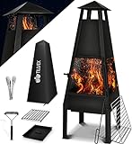 tillvex Terrassenofen mit Grillfunktion | Gartenkamin aus Stahl | Feuerstelle Gartenofen mit Abdeckung BBQ Grillrost Schürhaken Grillzange Bürste