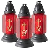 3er Set Glas Grablaterne rot Kreuz Größe 22x10 cm Laterne Friedhofskerze Grablicht Grabkerzen Brenndauer ca. 96 Stunden Outdoor inkl. Deckel