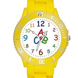 Taffstyle Kinder Armbanduhr Silikon Sportuhr Bunte Sport Uhr Kinderuhr Lernuhr Zahlen ABC Motiv Analog Gelb