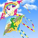 Yetech Drachen Flugdrachen Einleiner,2 Packs Kinder Drachen, 110*55cm, Bunte Einhörner und Dinosaurier Einleiner Drachen Basteln Kite Kit,inklusiv Drachenschnur und Streifenschwänze