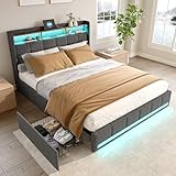 ADFUNIT Polsterbett 140x200 cm mit LED und USB, Doppelbett mit 4 Schubladen, Stauraumbett Jugendbett Rückenlehne Bettgestell mit Kopfteil und Lattenrost, Ohne Matratze, Leinen Grau