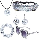 Vergissmeinnicht 5 Stück Discokugel Spiegelkugel Party Ohrringe Halskette Set, Metallische Discokugel Weiß Halskette Armband Damen Glitzer Haarbänder Pailletten Stirnband Diamant Sonnenbrille