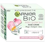 Garnier Gesichtscreme für müde Haut ohne Strahlen, Für einen jugendlichen Glow, Pflege und Festigkeit, Mit Bio-Hagebutten-Öl und Vitamin C, Garnier Bio Rosy Glow 3in1, 50 ml