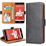 Bozon Huawei P10 Lite Hülle, Leder Tasche Handyhülle für Huawei P10 Lite Schutzhülle Flip Wallet mit Ständer und Kartenfächer/Magnetverschluss (Schwarz)