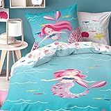 Meerjungfrau Mädchen Biber Bettwäsche · Kinderbettwäsche · Mermaid Magic Moments · Kuschelige Winterbettwäsche mit Wende Motiv - Kissenbezug 80x80 + Bettbezug 135x200 cm - 100% Baumwolle