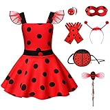 vamei Ladybug Kostüm Mädchen Marienkäfer Kostüm Prinzessin Kleid Mädchen mit Feenstock Haarband Tasche Handschuhe Augenmaske Ohrringe Geburtstagskleid für Kinder Karneval Cosplay 4 5 6 7 8 Jahre (130)