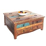 invicta INTERIOR Massiver Couchtisch Jakarta 70cm bunt Truhe aus recycelten Fischerbooten Holz mit Schubladen Wohnzimmertisch Truhentisch Holztisch Holztruhe