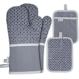 VHAUSE Topflappen & Ofenhandschuhe Grau Hitzebeständig 235°C - 4er Set Topfhandschuhe Baumwolle Stoff Backhandschuhe mit Antirutsch Silikon Eingriff Hochwertige Waschbar Backofen Handschuhe