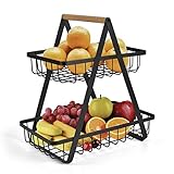 2 tier Obst Etagere Obstschale Obstkorb Obst Schüssel Brotkorb Gemüse Holz Halter aufbewahrung für Küche Lager, Schwarz (Schwarz-2)