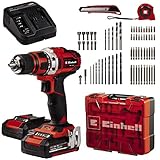 Einhell Akku-Bohrschrauber-Set TE-CD 18/40 Li +69 (2x2,0 Ah) Power X-Change (Lithium Ionen, 2 Gang, 40 Nm, inkl. 2x Akku + Ladegerät, Koffer + 69-tlg. Zubehör), Rot