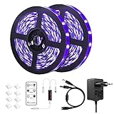 10M UV LED Schwarzlicht led Streifen Set mit Fernbedienung, 600 leds 395nm , 12V/3A, flexible Schwarzlicht Befestigungen für fluoreszierende Tanzpartys,Halloween Party Bühnenbeleuchtung (16.5ft*2pack)