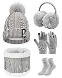 Tuopua Wintermütze Handschuhe Damen Warme Beanie Winter Mütze Strickmütze Schal Gestrickte Handschuhe Verdickte Socken Plüsch Ohrenschützer Kombi Set Geschenk für Outdoor Sport Wärmen, Grau