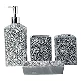 Designer 4-tlg. Bad-Accessoire-Set - Keramik-Bad-Set mit Flüssigseifen- oder Lotion-Spender, Zahnbürstenhalter, Becher und Seifenschale - Dekoratives Set mit geprägten Details - Vanity-Accessoire