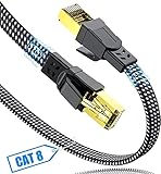 Cat 8 LAN Kabel 10m, MAXGROUP 40Gbps Netzwerkkabel Hochgeschwindigkeits 2000MHz S/FTP Ethernet Kabel POE Gigabit RJ45 Nylon geflochtener Flaches Vergoldeter Patchkabel für PS5/4 Router Modem TV